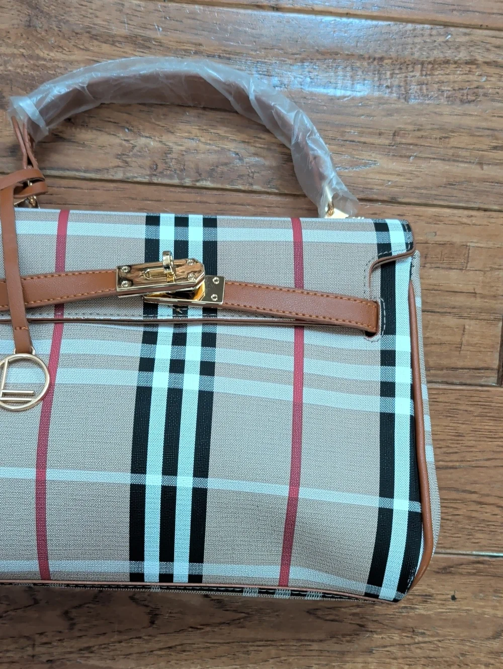 Loulo Women’s Tan Plaid Top-Handle Fashion Bag with Gold Hardware